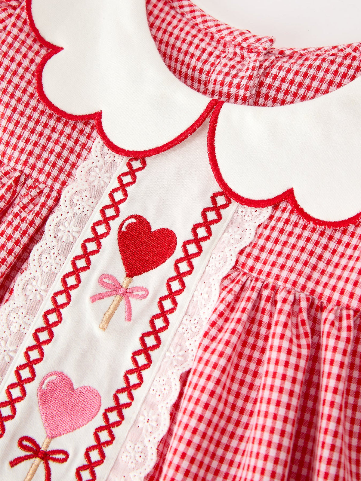 Valentine Girls Red Plaid Heart Embroidered Lace Dress
