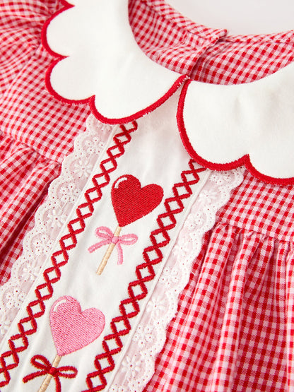 Valentine Baby Girls Red Plaid Heart Embroidered Top & Bloomer Set