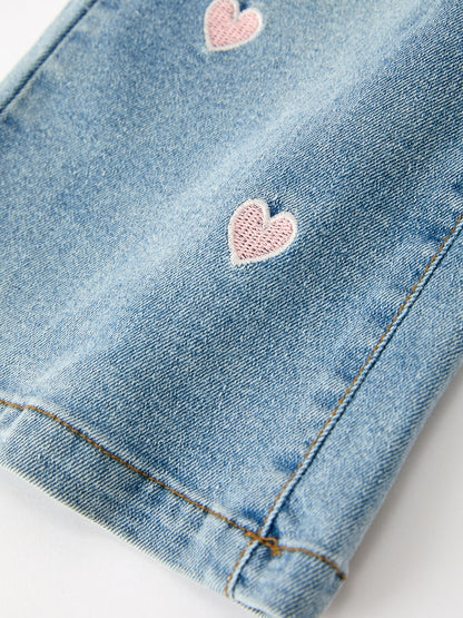 Valentine Girls Pink Heart Embroidered Wide Leg Jeans