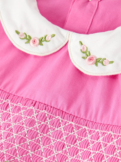 FALL Girls Hot Pink Floral Embroidered Smocked Dress