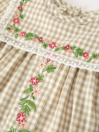 FALL Girls Khaki Plaid Floral Embroidered Bloomer Set