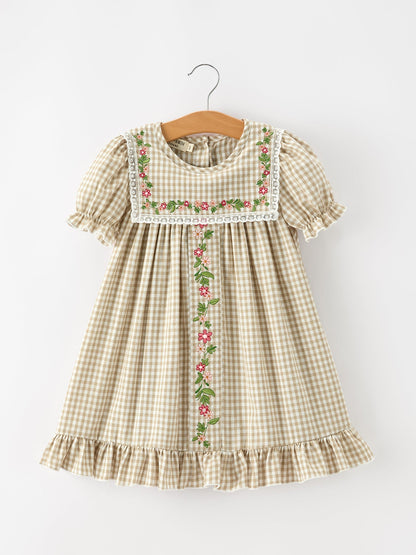Fall Girls Khaki Plaid Floral Embroidered Dress