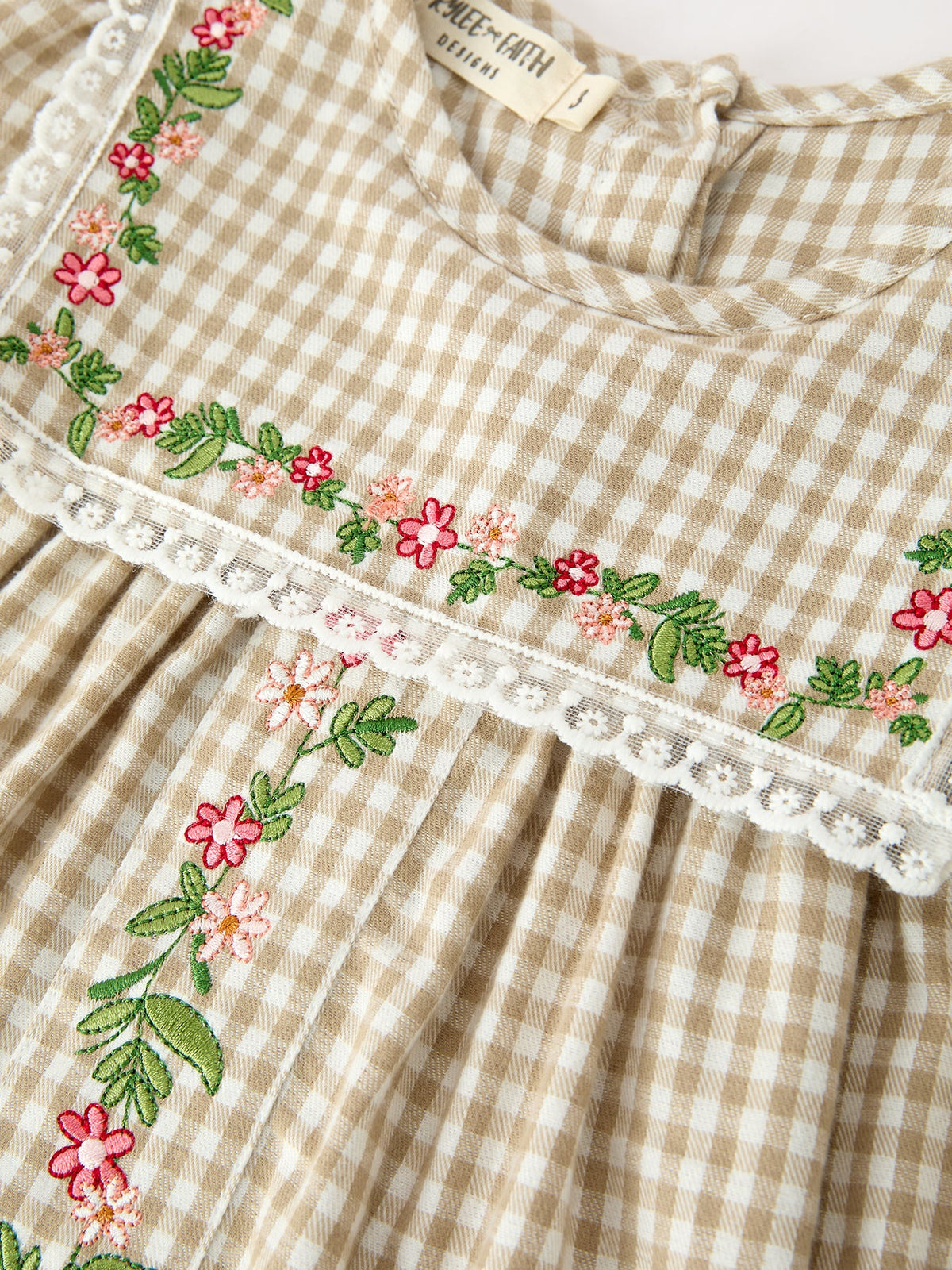 Fall Girls Khaki Plaid Floral Embroidered Dress