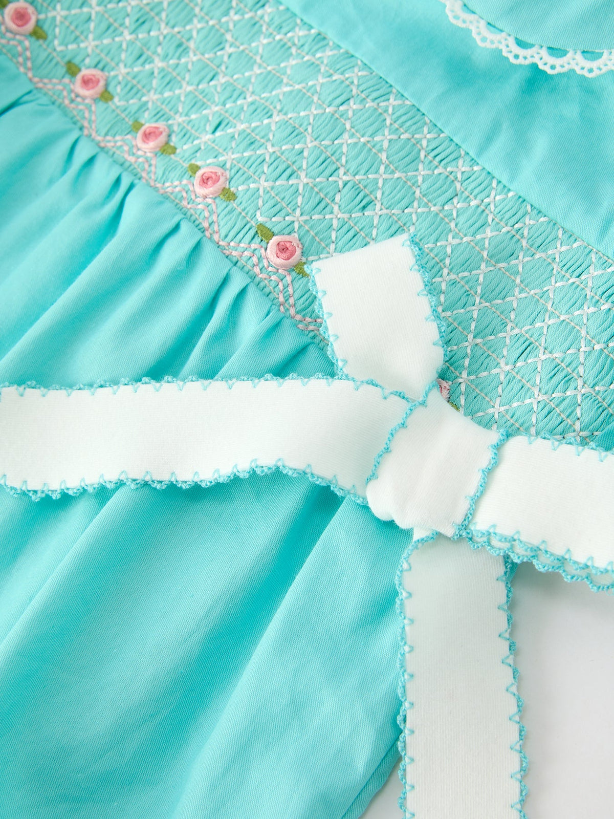 FALL Girls Aqua Smocked Floral Bow Bubble Romper