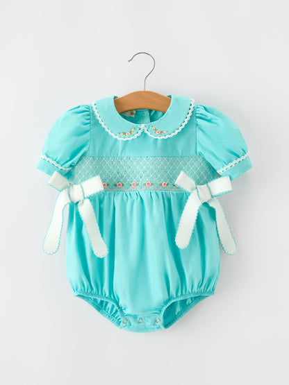 FALL Girls Aqua Smocked Floral Bow Bubble Romper