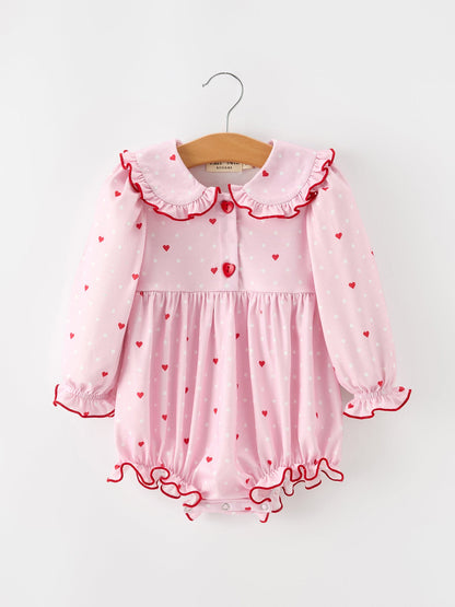 Baby Girls Valentine's Day Pink Heart Print Ruffle Bubble Romper
