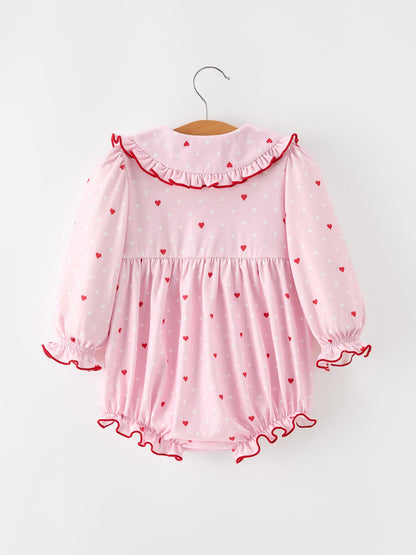 Baby Girls Valentine's Day Pink Heart Print Ruffle Bubble Romper