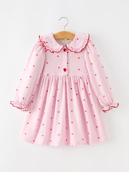 Girls Valentine's Day Pink Heart Print Ruffle Collar Dress