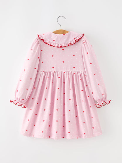 Girls Valentine's Day Pink Heart Print Ruffle Collar Dress