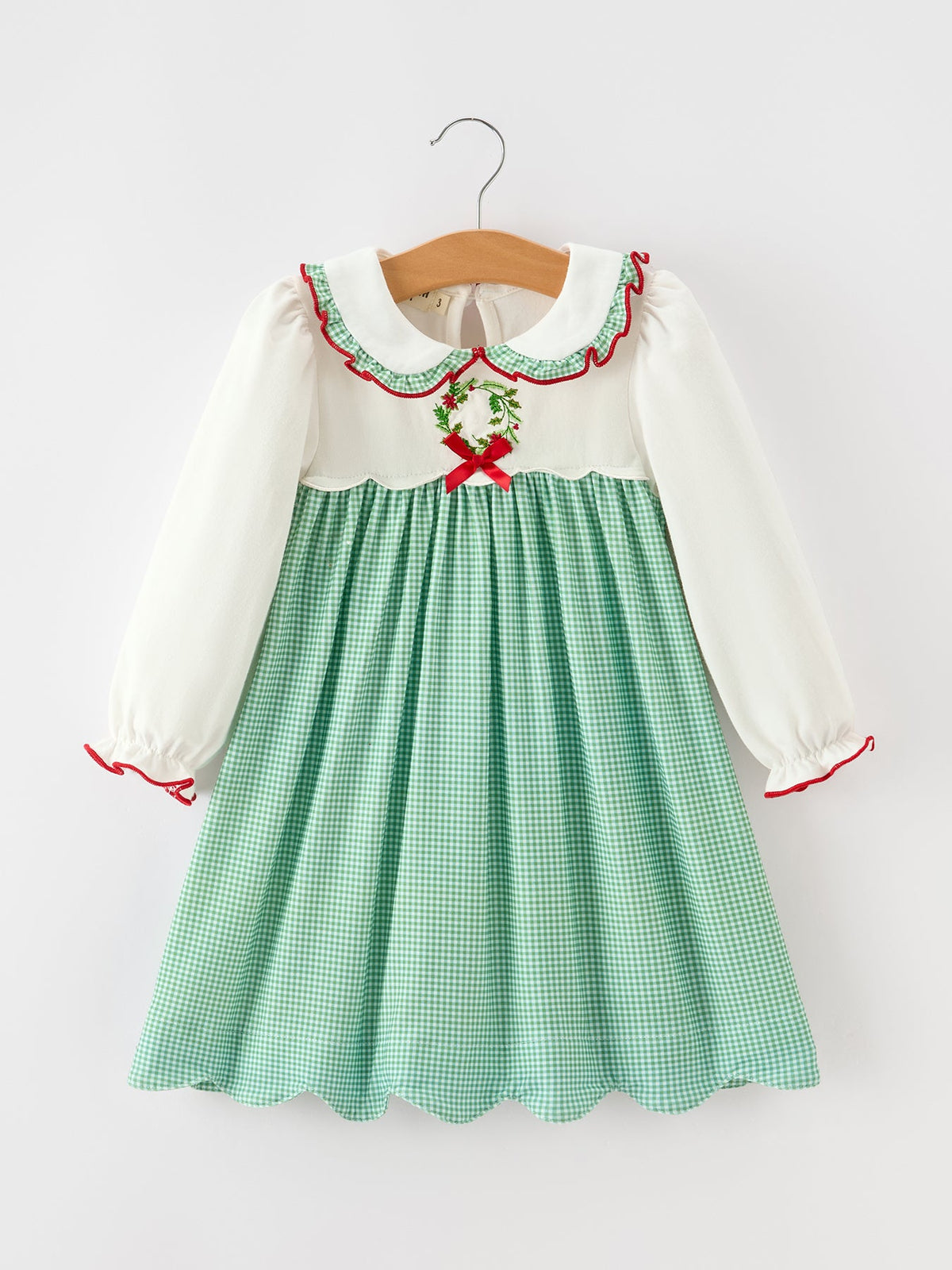 Girls Christmas Green Plaid Embroidered Long Sleeve Dress