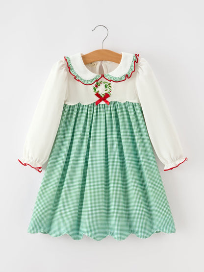 Girls Christmas Green Plaid Embroidered Long Sleeve Dress