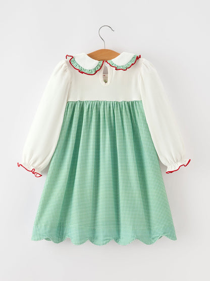 Girls Christmas Green Plaid Embroidered Long Sleeve Dress