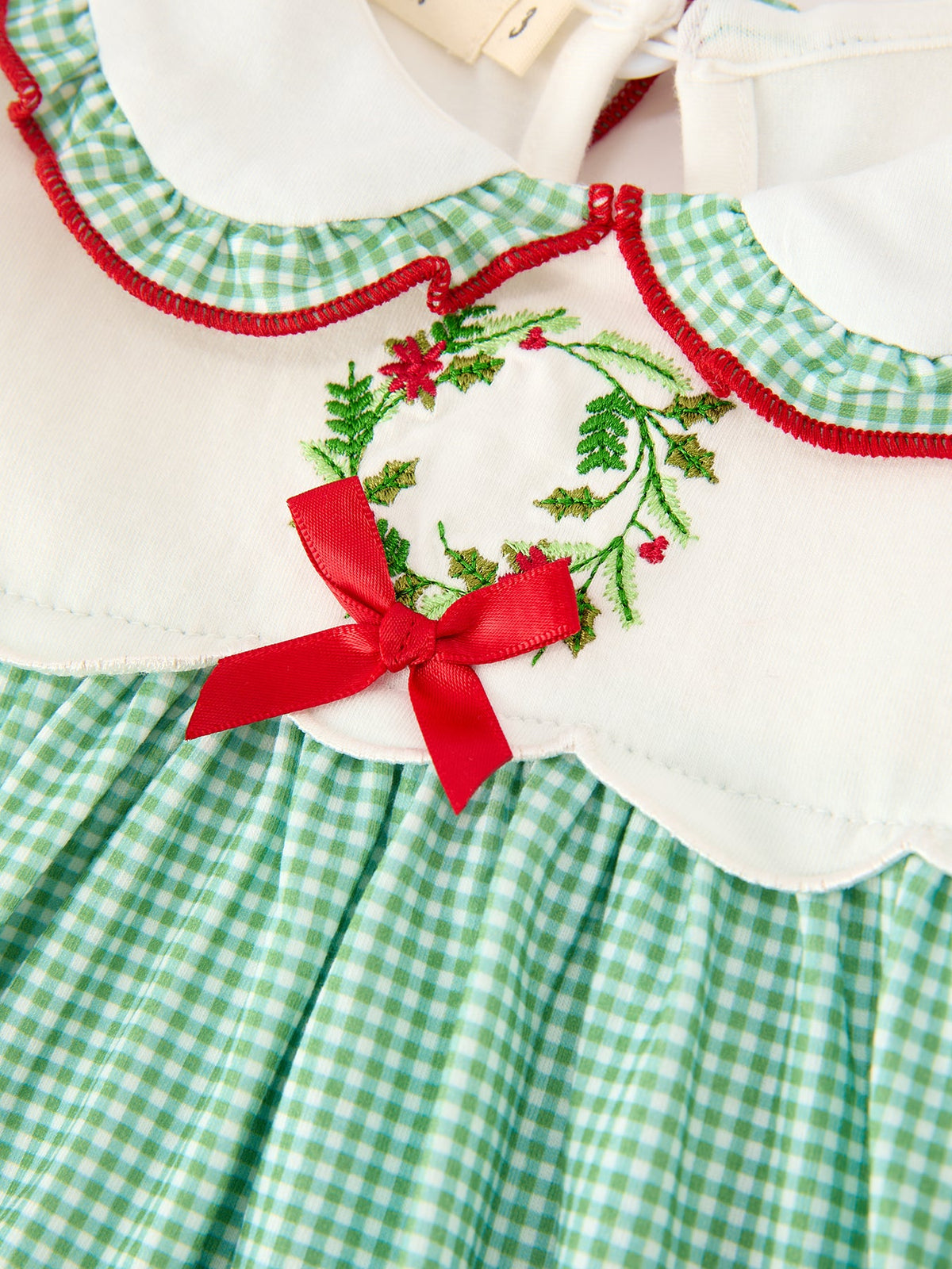 Girls Christmas Green Plaid Embroidered Long Sleeve Dress