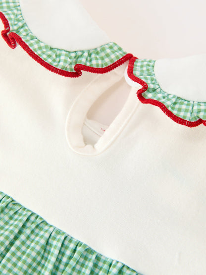 Girls Christmas Green Plaid Embroidered Long Sleeve Dress