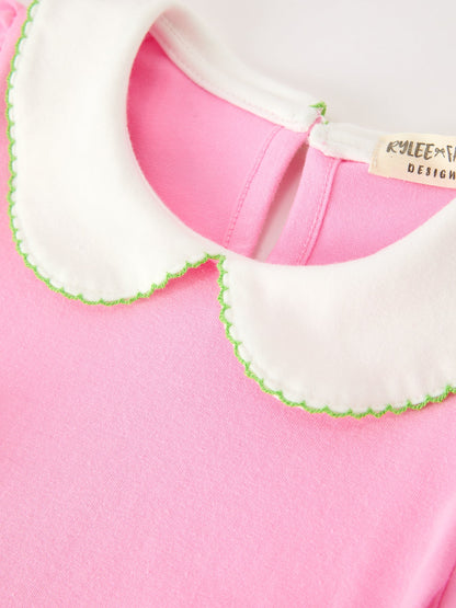 Girls Christmas Pink Bow & Christmas Tree Peter Pan Collar Dress