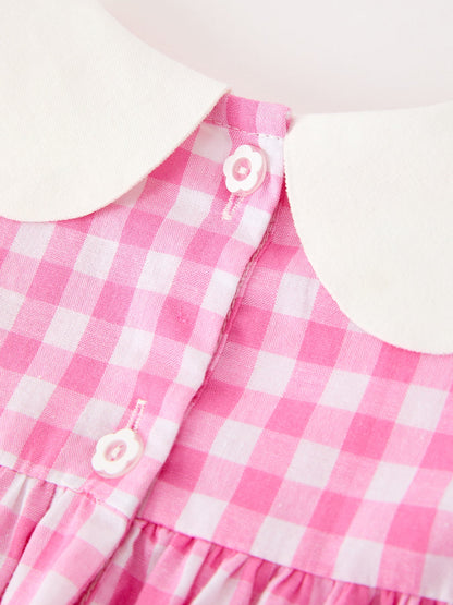 Girls Valentine's Day Pink Plaid Heart & Bow Collar Dress
