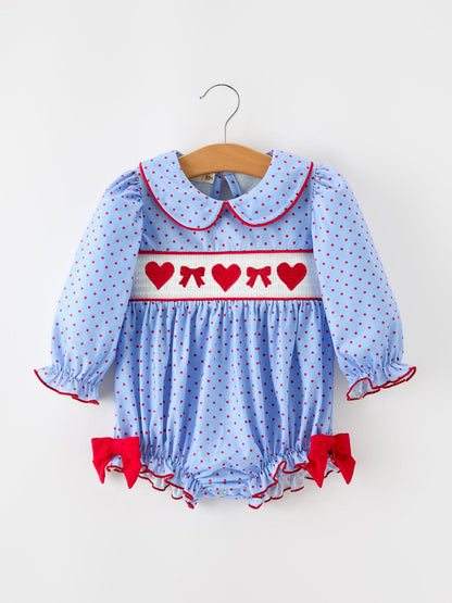 Baby Girls Valentine's Day Blue Heart & Bow Smocked Bubble Romper
