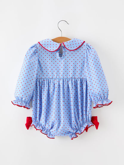 Baby Girls Valentine's Day Blue Heart & Bow Smocked Bubble Romper