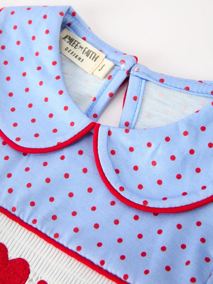 Girls Valentine's Day Blue Heart & Bow Smocked Dress