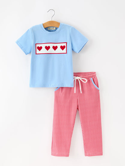 Boys Valentine's Day Blue Smocked Heart T-Shirt & Red Plaid Pants Set