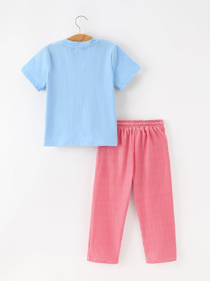 Boys Valentine's Day Blue Smocked Heart T-Shirt & Red Plaid Pants Set