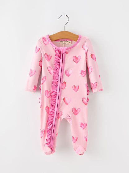 Valentine’s Day Baby Girls Pink Heart Print Ruffle Footed Romper