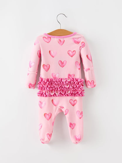 Valentine’s Day Baby Girls Pink Heart Print Ruffle Footed Romper