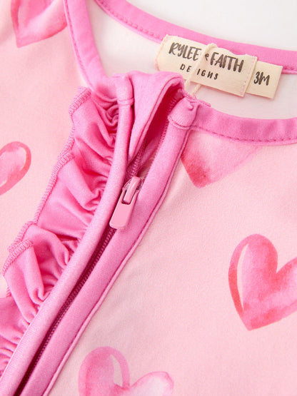 Valentine’s Day Baby Girls Pink Heart Print Ruffle Footed Romper