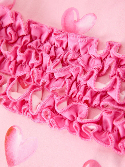 Valentine’s Day Baby Girls Pink Heart Print Ruffle Footed Romper