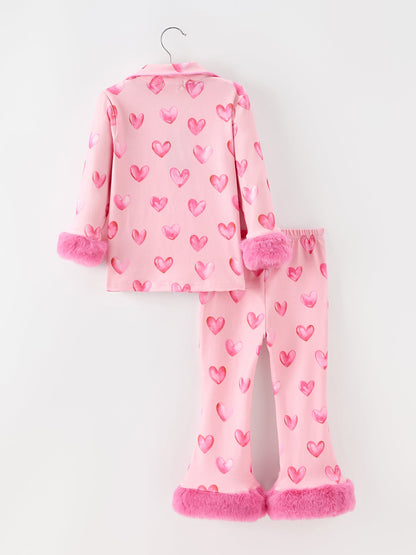 Valentine’s Day Girls Pink Heart Print Faux Fur Trim Pajama Set