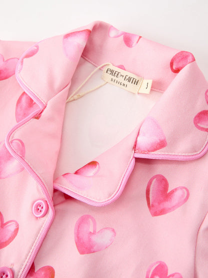 Valentine’s Day Girls Pink Heart Print Faux Fur Trim Pajama Set