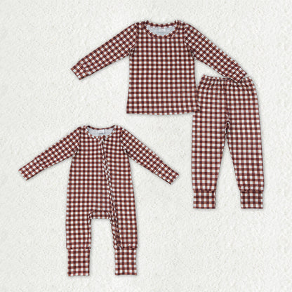 Sibling Baby Boys Long Sleeves Khaki Checked Top Pant Fall Pajamas Set Zip Rompers