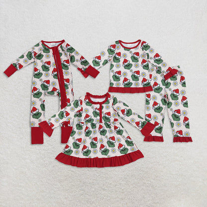 Sibling Baby Girls Christmas Green Face Daisy Pajamas Set Zipper Footie Romper Knee Length Dress
