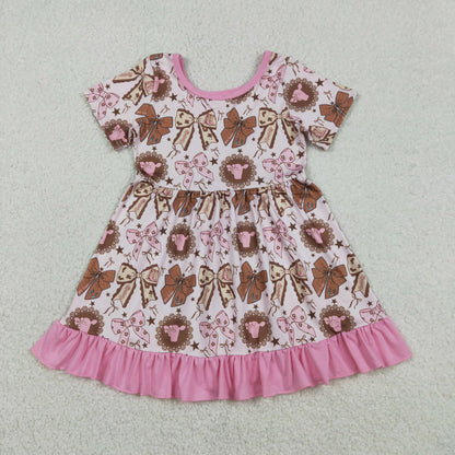Sibling Baby Girls Bows Highland Cows Ruffle Pants Western Pajamas Set Ruffle Dress Zipper Romper