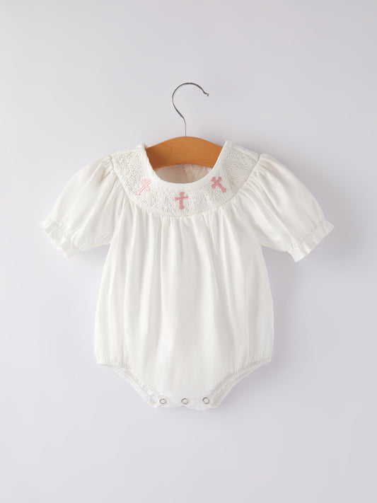 White  Smocked Church Christ Bishop Christening Girls Romper