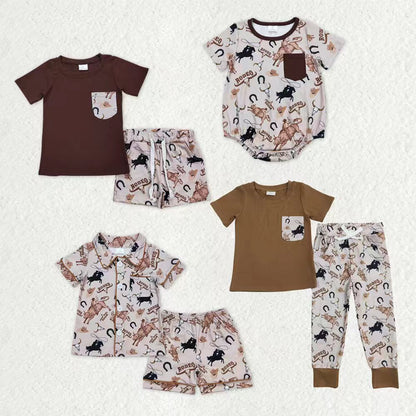 Sibling Baby Boys Bull Skulls Short Pants Western Pajamas Clothes Sets Rompers