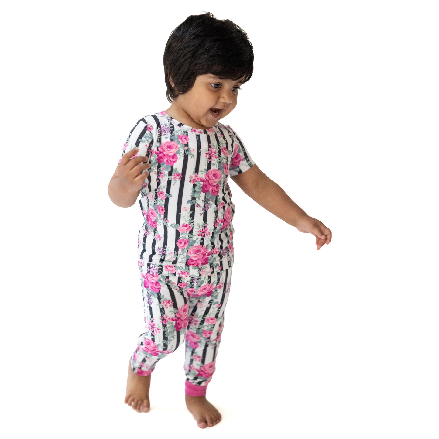 Cabbage Rose Stripe - Short Sleeve Loungewear Set