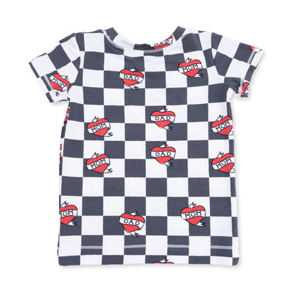 Heart Tattoo Check Black - Short Sleeve Loungewear Set
