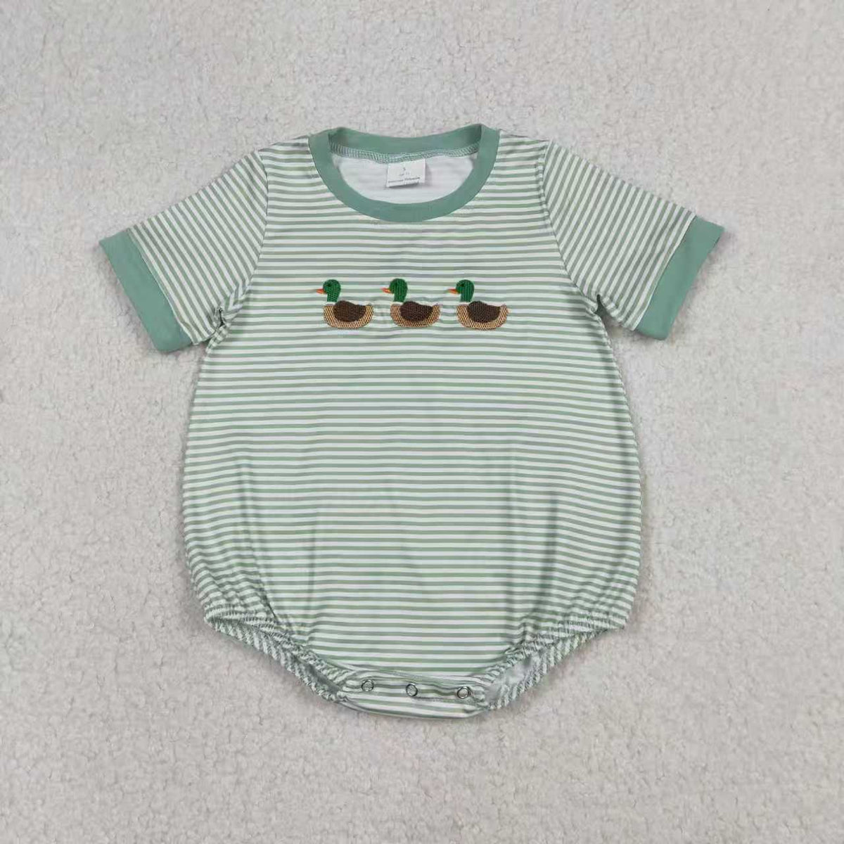 Sibling Baby Boys Green Stripe Embroidery Ducks Hunting T-shirt Top Rompers