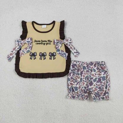 Sibling Baby Girls Embroidery Country Girls Camo Bows Shorts Western Clothes Sets Ruffle Rompers