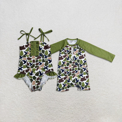 Sibling Baby Kids Green Brown Ducks Camo Hunting Romper Swimsuits