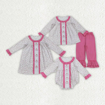 Sibling Embroidery Bows Pumpkins Baby Girls Leopard Fall Rompers Dresses Outfits