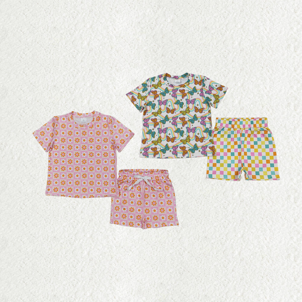 Sibling Baby Girls Short Sleeves Daisy Flowers Butterfly Top Short Pajamas Sets