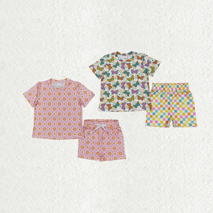 Sibling Baby Girls Short Sleeves Daisy Flowers Butterfly Top Short Pajamas Sets