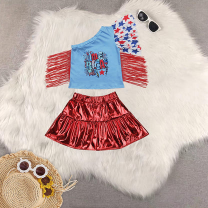 Sibling Baby Girls Short Sleeves Cow Stars Top Red Leather Skirts Western 4th Of July Sets
