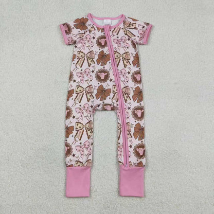 Sibling Baby Girls Bows Highland Cows Ruffle Pants Western Pajamas Set Ruffle Dress Zipper Romper