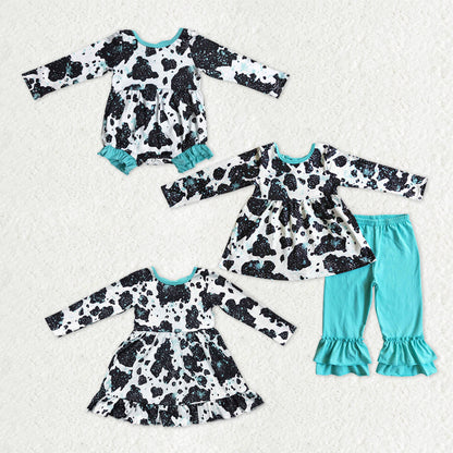 Sibling Baby Girls Cow Turquoises Ruffle Pants Western Clothes Sets Knee Length Dress Rompers