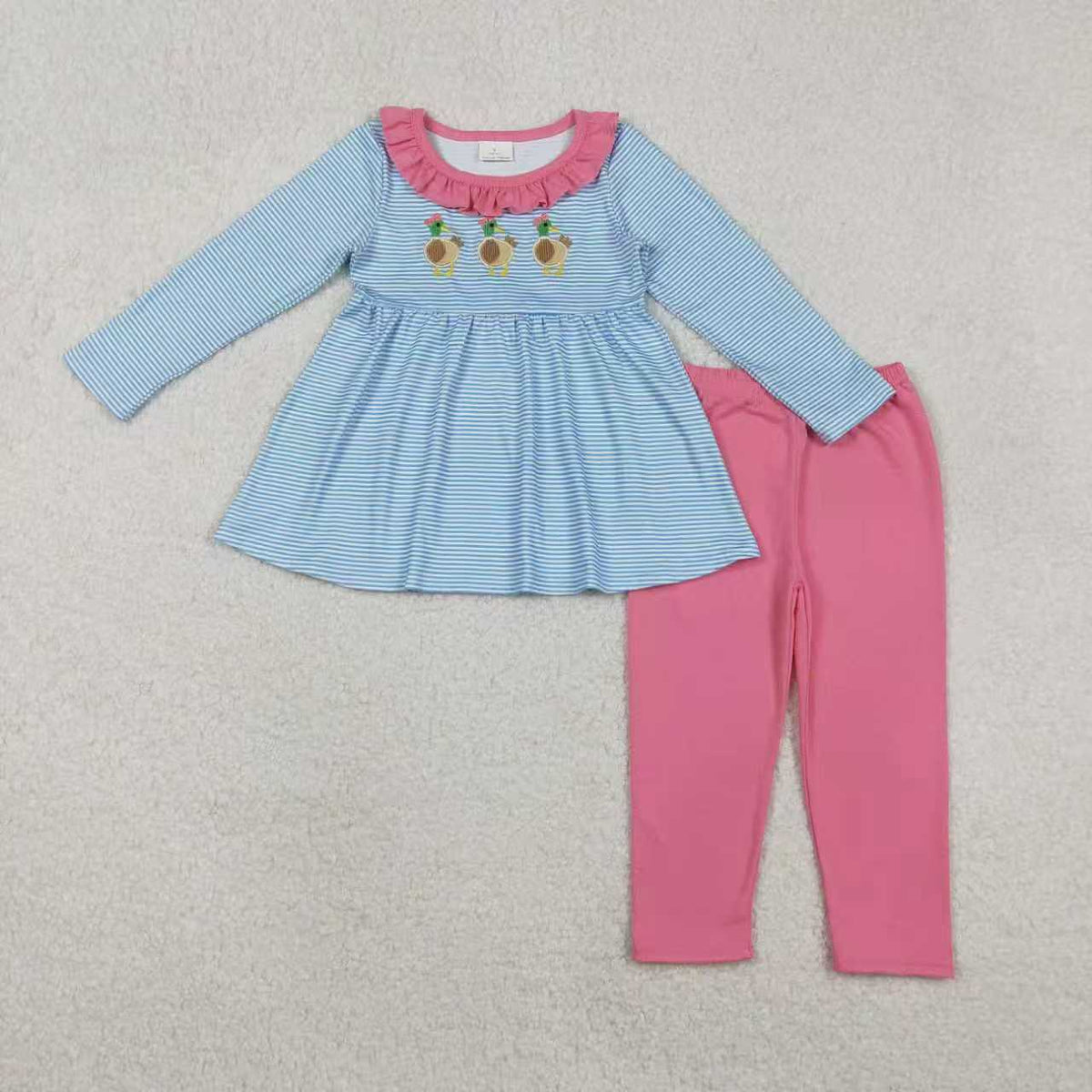 Sibling Baby Kids Embroidery Bow Ducks Stripes Tunic Tops Leggings Clothes Set Dress Rompers