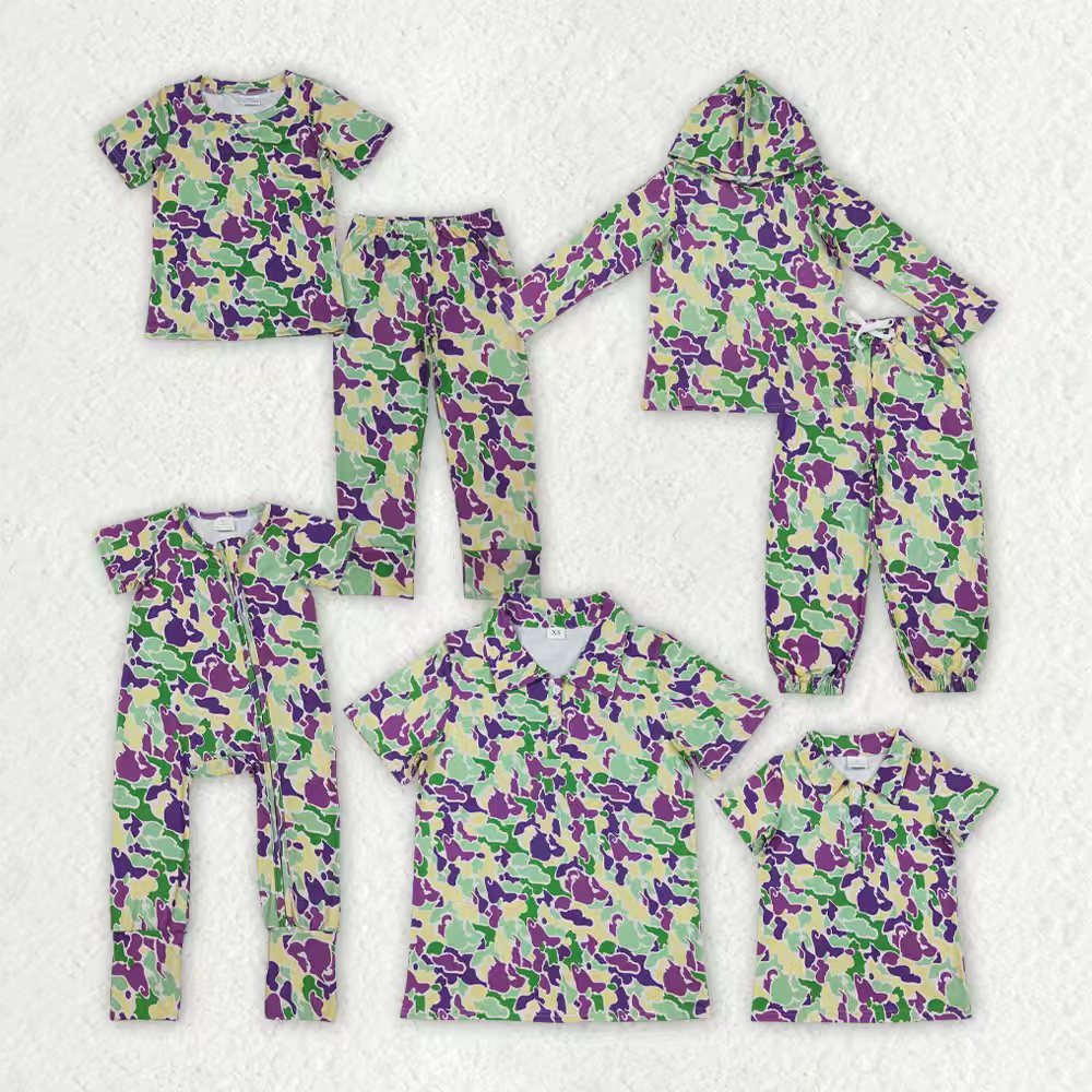 Sibling Daddy and Boys Mardigras Camo Pajamas Sets Zip Footie Rompers Polo Shirts Top