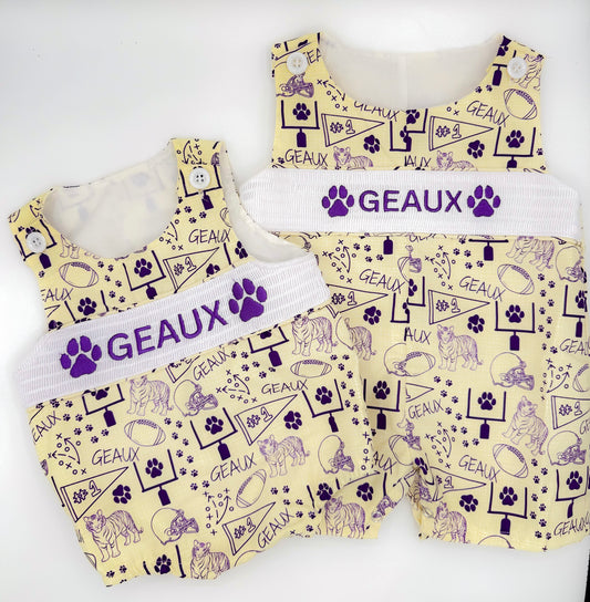 Smocked Geaux Bubble – Purple & Gold Gender-Neutral Game Day Outfit